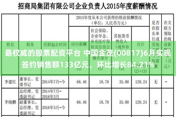 最权威的股票配资平台 中国金茂(00817)6月实现签约销售额133亿元，环比增长84.21%